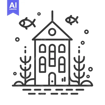 Aset desain premium: Simple Line Drawing Of A House Near Water With Fish