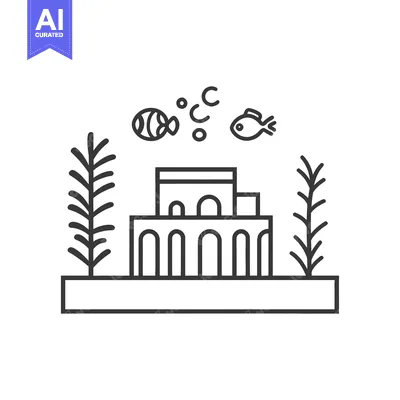 Aset desain premium: Simple Line Drawing Of An Aquarium With Fish And Plants