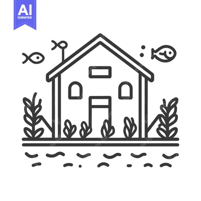 Aset desain premium: Lakeside House with Aquatic Plants and Fish