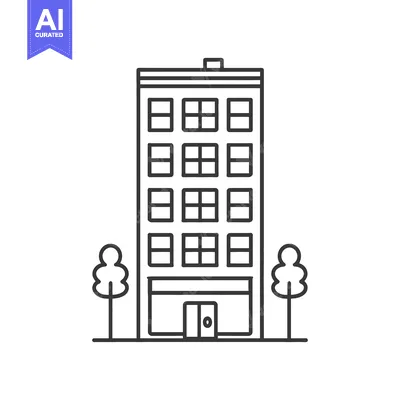 Aset desain premium: Simple Line Drawing of Apartment Building with Trees