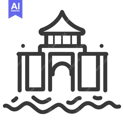 Aset desain premium: Asian Style Water Gate Building Illustration