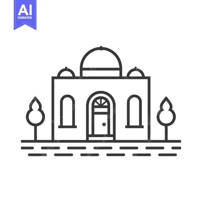Aset desain premium: Line drawing of a simple mosque building with trees
