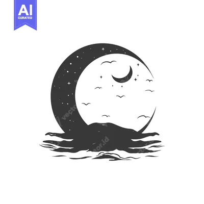 Popular premium asset: Crescent Moon Over Ocean Waves With Birds And Stars