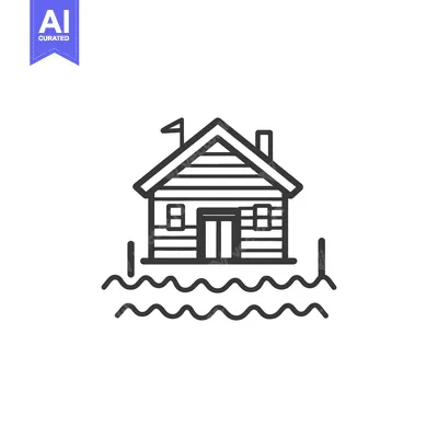 Aset desain premium: Wooden House Over Water Simple Line Drawing