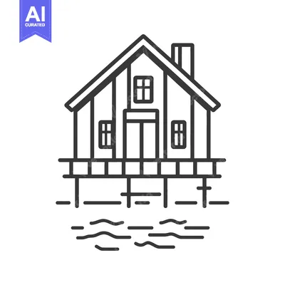Aset desain premium: Line art illustration of a lakeside house