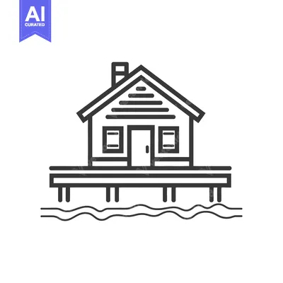 Aset premium populer: A lakeside house sits on stilts above the water