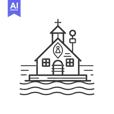 Aset desain premium: A small church sits afloat on calm water