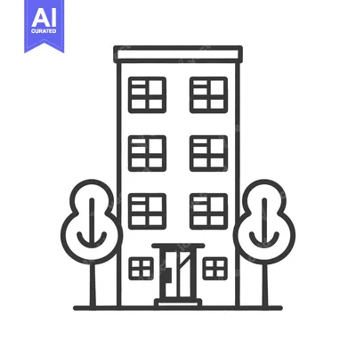 Aset desain premium: Apartment Building with Trees a Simple Line Drawing