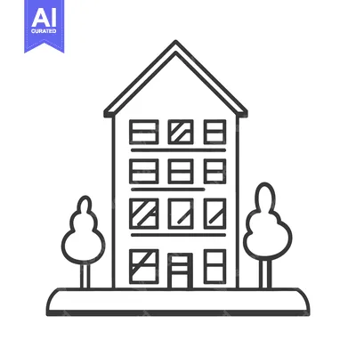 Aset desain premium: Simple Line Drawing of Apartment Building with Trees