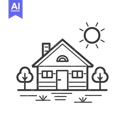 Aset desain premium: Simple House Illustration With Trees And Sun