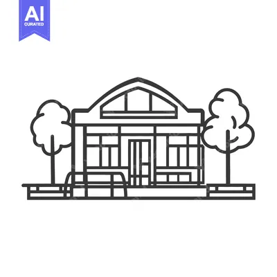 Aset premium populer: Line drawing of a building with trees and a bench