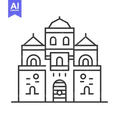 Aset desain premium: A line drawing depicts a grand historical building