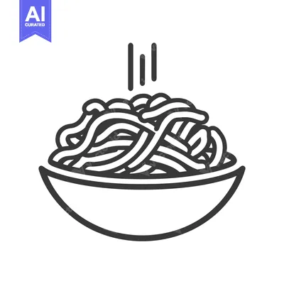 Aset premium populer: A bowl of steaming noodles is shown in a line drawing