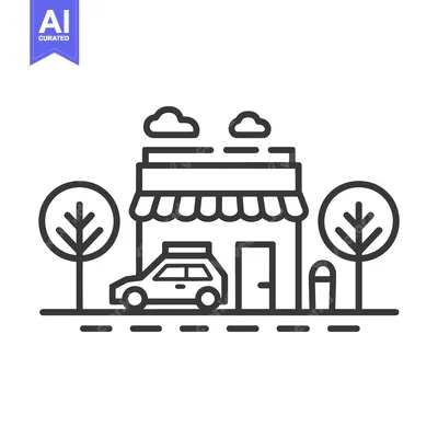 Aset premium populer: Line art illustration of a shop with a car parked outside