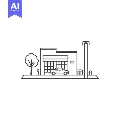 Aset premium populer: Simple Line Drawing of a Building with Car and Tree