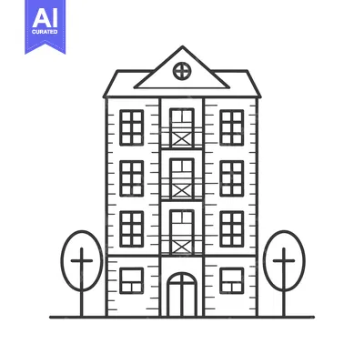 Aset desain premium: Apartment Building Illustration Featuring Trees and Balconies