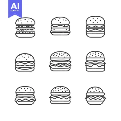 Aset desain premium: Nine Line Art Burger Icons Showing Variations
