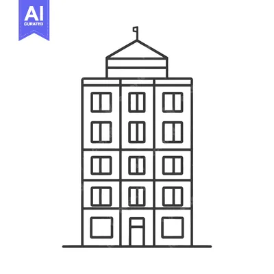 Aset desain premium: A simple line drawing shows a tall building with many windows