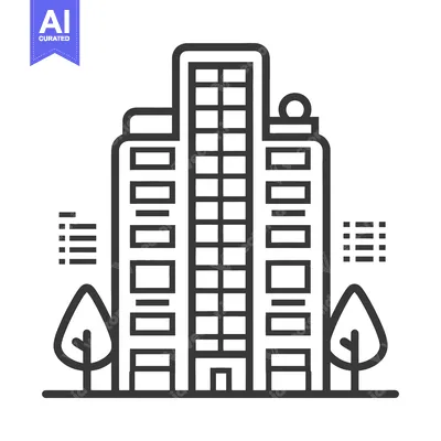 Aset desain premium: Modern apartment building with trees and city skyline