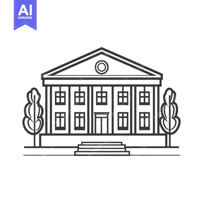 Premium design asset: Classic Building Line Drawing with Trees and Steps