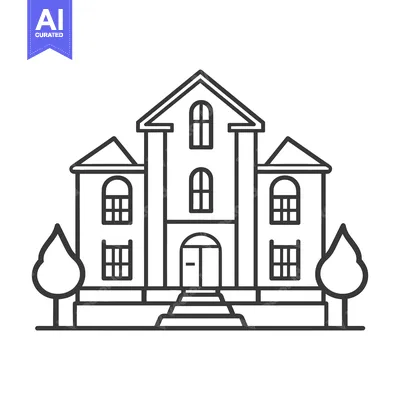 Aset premium populer: A line drawing depicts a grand house with trees
