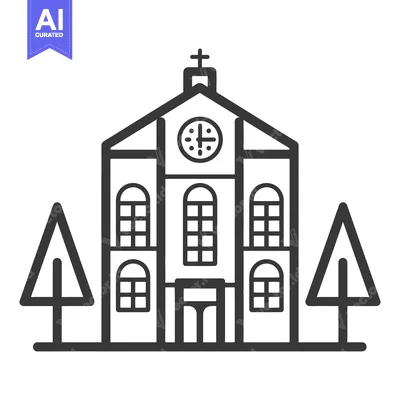 Premium design asset: Simple Line Drawing of a Church with Trees