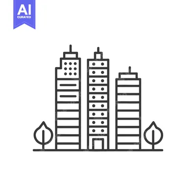 Premium design asset: Cityscape illustration featuring three tall buildings and trees