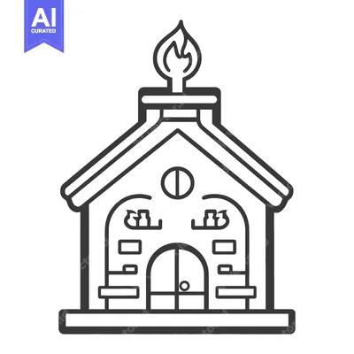 Line drawing of a small fiery building with shelves