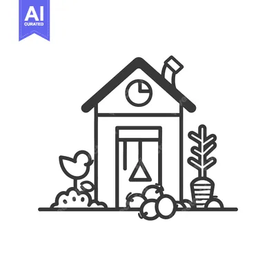 Aset premium populer: Simple Line Drawing Of A Farm Shed With Crops And Bird