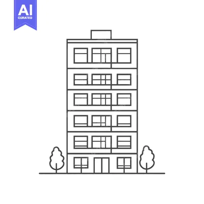 Aset desain premium: Apartment Building Line Drawing With Trees