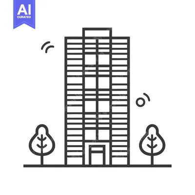 Aset desain premium: Modern Office Building with Trees and Wifi Signals