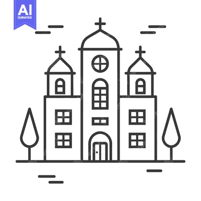 Aset desain premium: Line art illustration of a church with trees