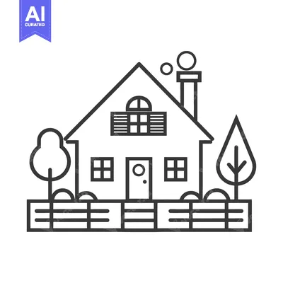 Aset desain premium: Simple Line Drawing of a Suburban House with Trees