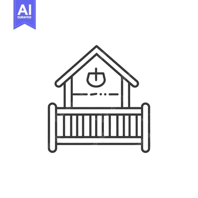 Line drawing of a crib with a house shaped top