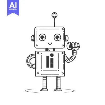 Aset desain premium: Smiling Robot Character with Antenna and Holding a Tool