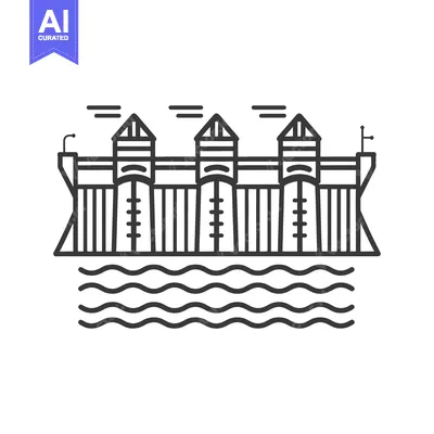 Premium design asset: Hydroelectric Dam Structure With Three Towers Over Water