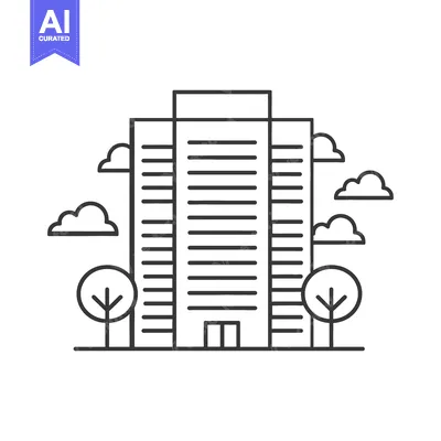 Aset desain premium: Modern Office Building With Trees And Clouds