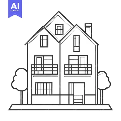 Aset desain premium: Line drawing of a two story house with balconies and trees