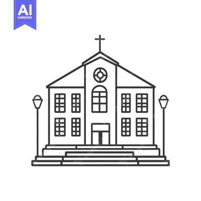 Aset desain premium: Line drawing of a church building with a cross