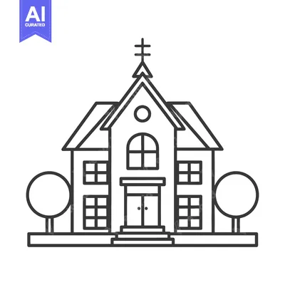 Aset desain premium: Simple Line Drawing of a Church Building with Trees