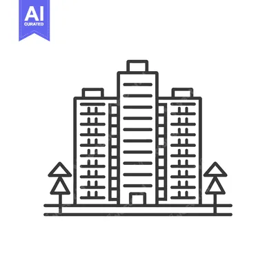 Apartment Building Icon With Trees Flanking It