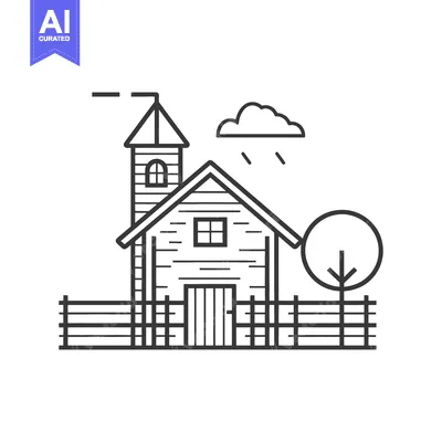 Premium design asset: Line art drawing of a rustic farmhouse with a fence