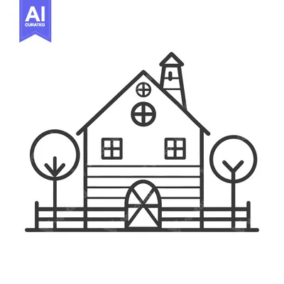 Aset desain premium: Simple Line Drawing of a Farm Barn with Trees