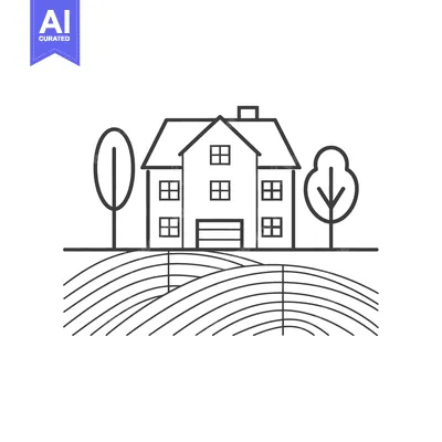 Aset desain premium: House on Rolling Hills with Trees a Simple Farm Scene