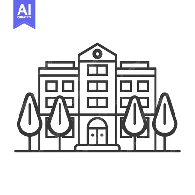 Aset desain premium: A simple line drawing of a building with trees