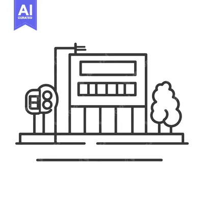 Aset desain premium: Simple Line Drawing Of A Building With Traffic Lights And Trees