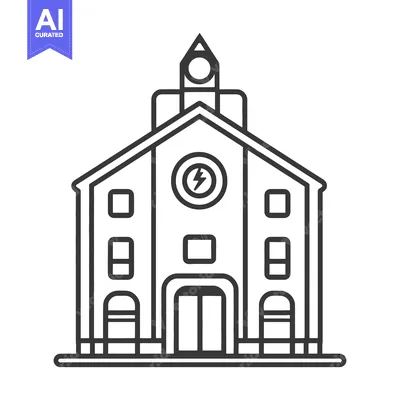 Aset desain premium: Line drawing of a power station building with a clock tower