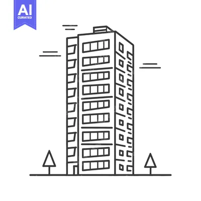 Aset desain premium: Line drawing of a tall apartment building with trees