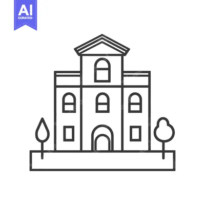 Aset premium populer: Line drawing depicts a three story building with trees