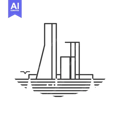 Aset desain premium: Cityscape illustration featuring tall buildings and a stylized waterfr